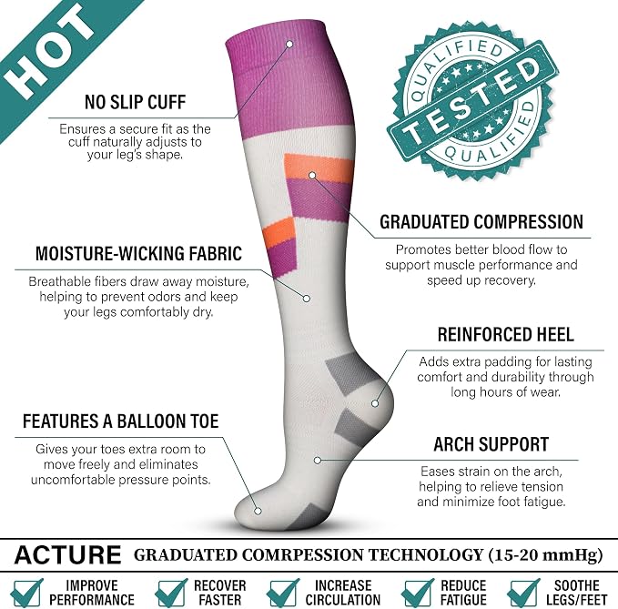 Acture 6 Pack Compression Socks for Women and Men - Knee High for Medical, Running, Nurses, Travel - Image 6