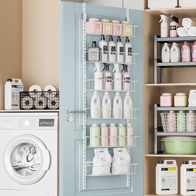 Delamu Adjustable Cabinet Door Organizer, 6-Tier Hanging Spice Rack Organizer, Metal Over the Door Pantry Organizer, Pantry Organizers and Storage Shelves for Kitchen Bathroom Laundry Room, White M - Image 10