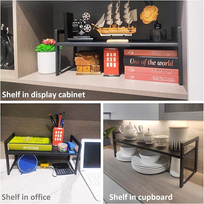 2 Pack Expandable Cabinet Shelf Organizer 16-26" L Stackable Kitchen Counter Shelves Rack Stand Sink Riser Countertop Storage Black (Normal 7.9”D) - Image 4