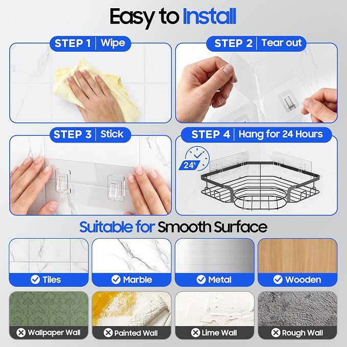 Corner Shower Caddy, Rustproof Shower Organizer with Soap Holder and 8 Hooks, No Drilling Adhesive Shower Shelves for Inside Shower, Large Capacity Shower Rack for Bathroom Shower Storage, X-Large - Image 7