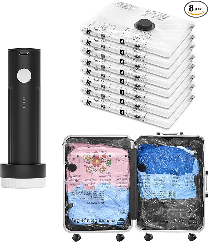 Vacuum Seal Bags for Clothing Travel and Home Storage, Travel Vacuum Bags with Electric Pump, Space Saver Compression Packing Cubes for Luggage Suitcase Bedding Blankets Clothes, 8 Large by SUOCO