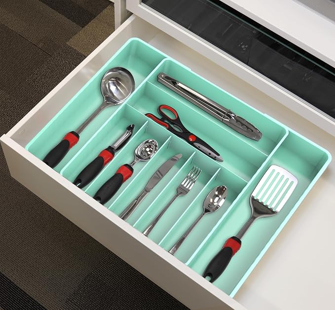 Simple Houseware Expandable Kitchen Drawer Flatware Organizer, Turquoise | Expandable & Adjustable Cutlery Drawer Organizer - Large Utensil and Flatware Tray for Kitchen Drawers - Image 8
