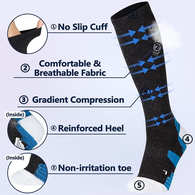 +MD Cotton Compression Socks for Women & Men 4/6 Pairs 15-20mmHg Knee High for Sports, Travel, Nursing Long Sitting Standing - Image 2