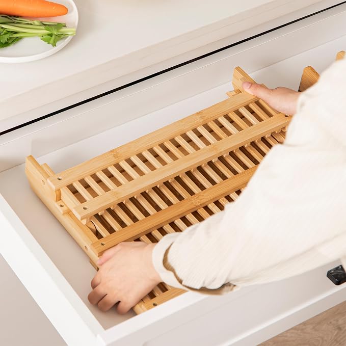 HBlife Bamboo Dish Drying Rack with Utensils Flatware Holder Set, 3-Tier Large Folding Drying Holder for Kitchen Counter, Collapsible Drainer - Image 5