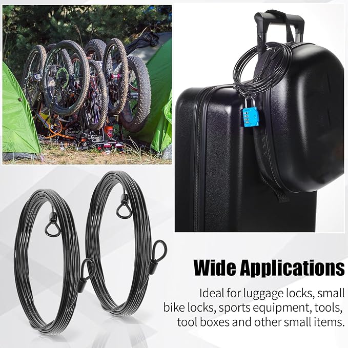 12 Pack Security Cable Luggage Lock with Loops 15 ft 3mm Braided Steel Coated Bike Cable Wire Double Loop Anti Theft Safety for U Lock, Padlock and Disc(Black) - Image 7