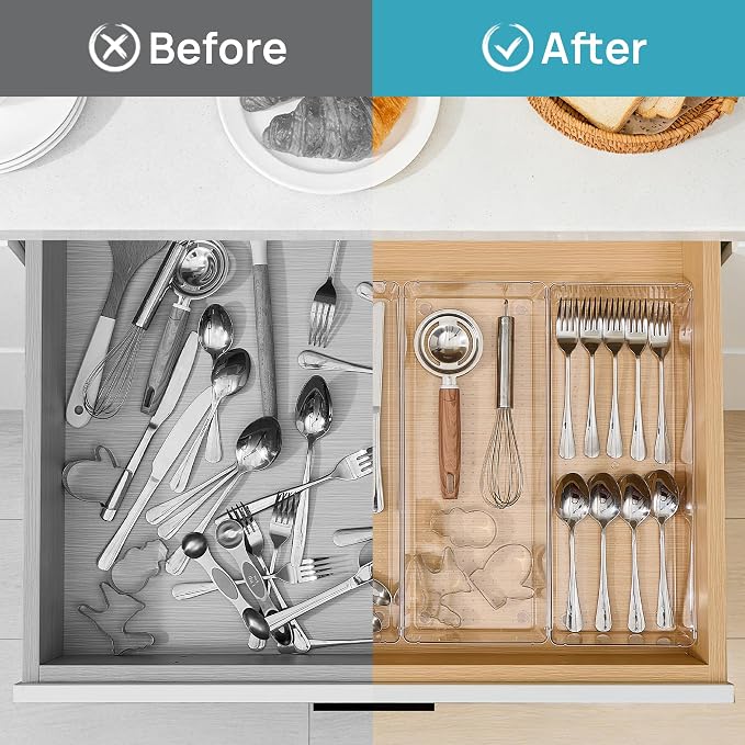 Vtopmart 4 Pack Clear Kitchen Drawer Organizer, 15x6 Inch Utensil Tray | Silverware Organizer Trays for Flatware, Cutlery and Kitchen Utensils, Large Clear Bins Create a Neat and Organized Drawer - Image 3