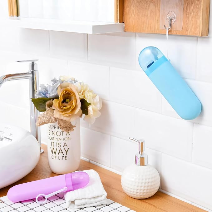 2 Packs Toothbrush Travel Case, Portable Toothbrush Case with Ventilation Hole for Travel, Plastic Toothbrush Holder Travel Size for Business Trip, School, Camping, Home - Purple+Blue - Image 4