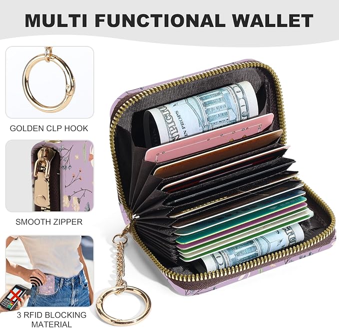 Credit Card Holder for Women,Small Rfid Wallet with Keychain Zipper,Cute PU Leather Card Case Wallet，Accordion Credit Card Wallets Gift,Leaves and Floral Patterns - Image 2