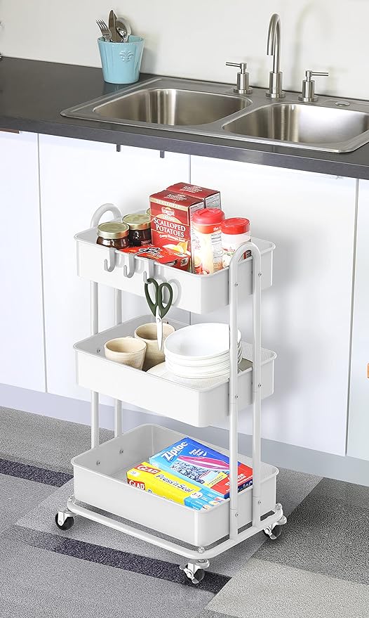 Simple Houseware 3-Tier Heavy Duty Metal Utility Rolling Cart, White - Image 5