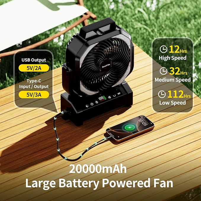 Socool Camping Fan with Light, 20000mAh Rechargeable Battery Fan with Remote, 112Hrs & 8 Speeds, Digital Display, Timer, Auto Oscillation, 270° Pivot & Hook for Outdoor Tent, Hurricane, Power Outage - Image 4