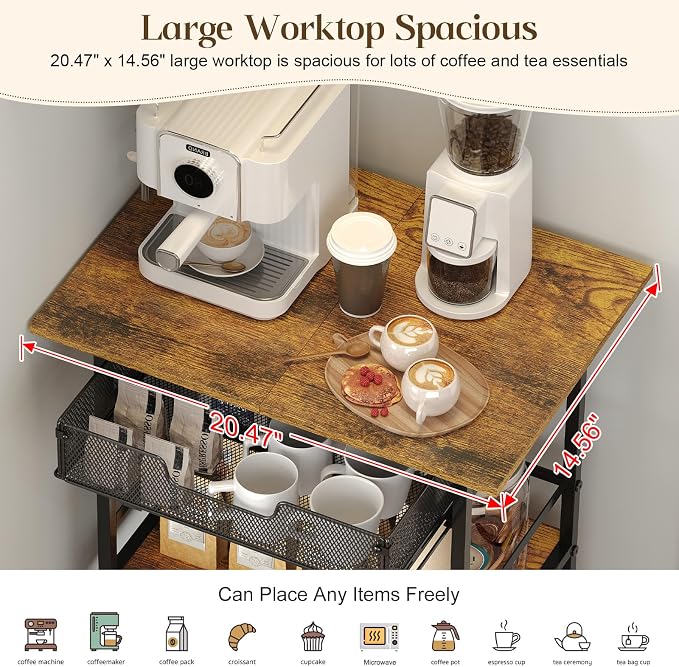 3 Tier Slim Rolling Coffee Cart with 2-Door & Pull-Out Wire Basket Drawer, Coffee Bar Cabinet on Lockable Casters, 32.7" H Microwave Cart with Storage for Home, Kitchen, Living Room (Rustic Brown) - Image 2