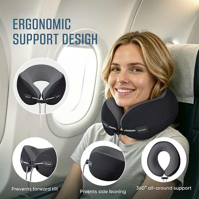 Premium Travel Neck Pillow Cooling Ice Silk Memory Foam Cervical Pillow for Airplane & Long Flights, Ergonomic Neck Support for Sleeping & Pain Relief, Washable Cover, Compact Carry Case (Black) - Image 4