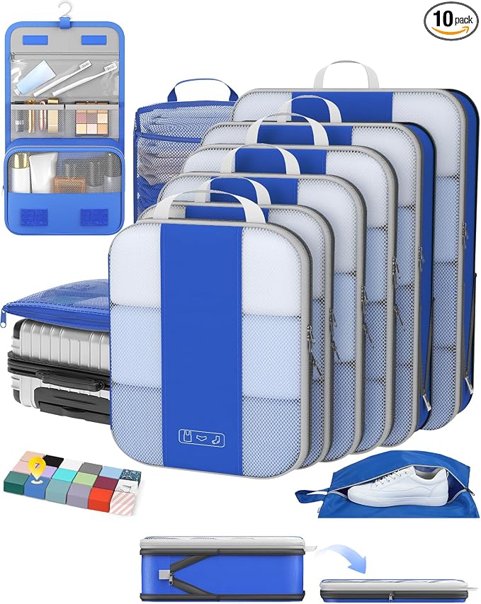 OlarHike 10 Set Compression Packing Cubes for Travel Essentials,Compressible Expandable Space Saver Bags for Organizing Clothes,Luggage Suitcase Garment Bags with Over 1000 pcs Mesh Holes(Klein Blue) by OlarHike