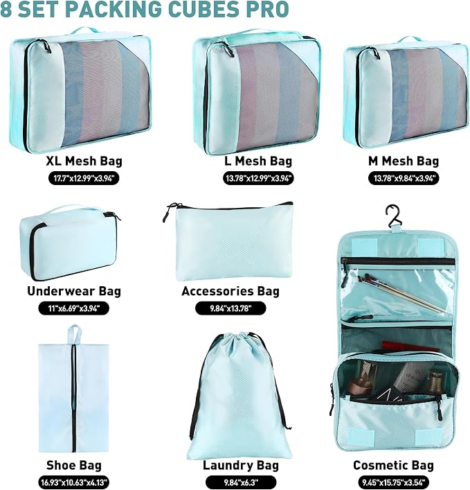Toncoke 8-Piece Packing Cubes for Travel, 2026 Upgraded Durable Zippers & Reinforced Mesh, Complete Luggage Organizer Set with Shoe/Toiletry/Laundry Bags, 4 Sizes for Suitcase, Men Women, Lake Blue - Image 2