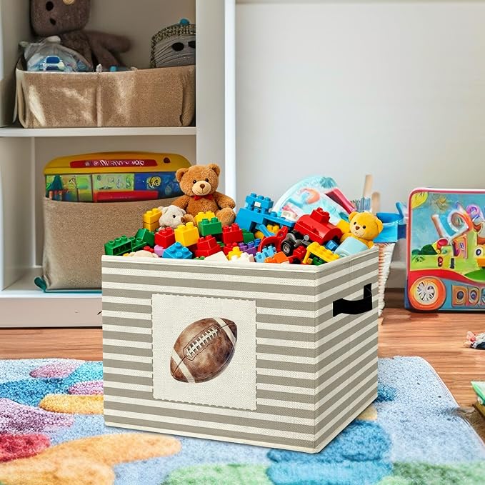 Rustic Football Storage Bins Boxes Handles | grey striped nursery foldable basket for organizing bedroom toddler playroom - Image 2