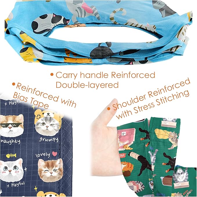 BeeGreen Cat Reusable Shopping Bags Cute Grocery Bag 6 Pack, Christmas Gift Bags Heavy-Duty Foldable Shopping Totes for Supermarket, Work & Travel, Large Washable Polyester Tote Bag with Handles - Image 3