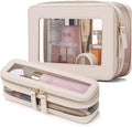 Pinkmik Clear Makeup Bag with Brush Case, (Beige, M+SLIM-1) | 2PC,Travel Toiletry Bag, Waterproof, Cosmetic Organizer, Car Essentials for Women by Pinkmik