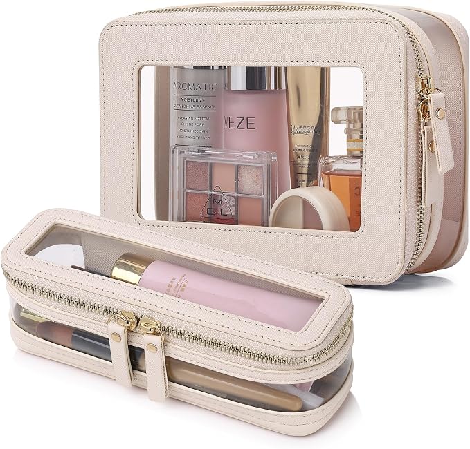 Pinkmik Clear Makeup Bag with Brush Case, (Beige, M+SLIM-1) | 2PC,Travel Toiletry Bag, Waterproof, Cosmetic Organizer, Car Essentials for Women by Pinkmik