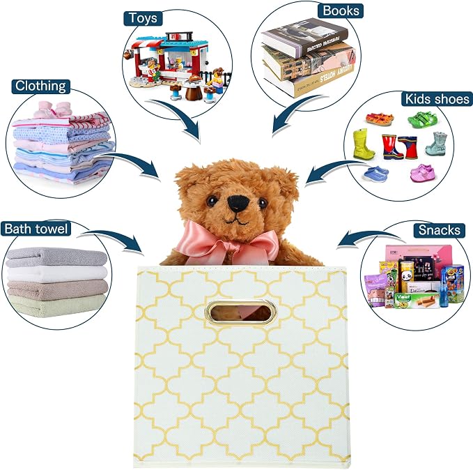 Fabric storage bins Cubes, Fabric Cube Organizer with Handle, Foldable Cube Bins for Cloth or Accessary Storage, 11x11x11, Set of 3, (Creamy-White Gold) - Image 3