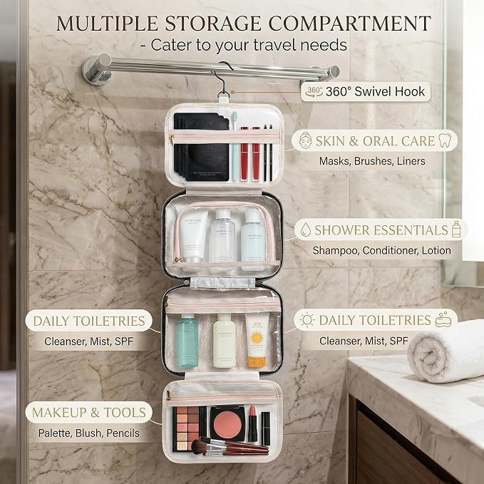 Travel Toiletry Bag for Women, Large Hanging Makeup Cosmetic Bag, Beige | Big Compartment but Portable, Water-resistant Makeup Organizer Bags for Accessories, Shampoo, Full-size Container, Toiletries - Image 4