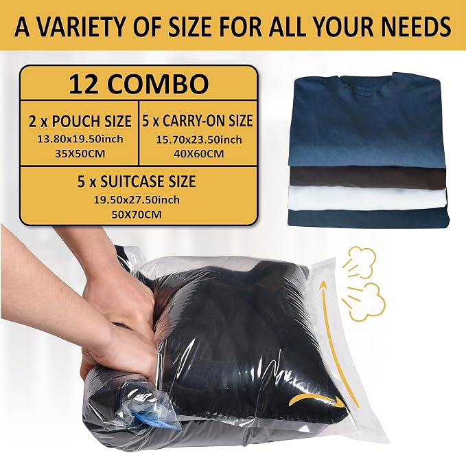 Cozy Essential Compression Bags for Travel - Travel Essentials - 12 Pack Space Saver Plastic Packaging Bags - No Vacuum Needed - Compression Packing Bags for Cruise Accessories - Image 3