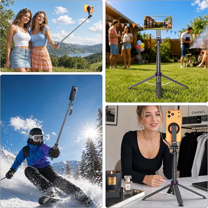 53" Magnetic Selfie Stick Tripod for iPhone Andriod, 360° Rotation | Aluminum Alloy Pole, 1/4" Screw, 4-Leg Stable Base and Wireless Remote for iPhone 17 Pro, TikTok, Vlogging and Travel - Image 8