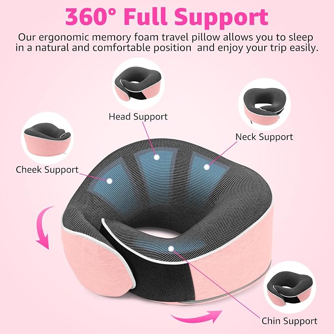 Memory Foam Travel Neck Pillow | Ergonomic 360 Degree Head Support for Airplane, Car and Office Sleeping, with Breathable Cotton Cover and Carry Bag, Pink-2 - Image 3
