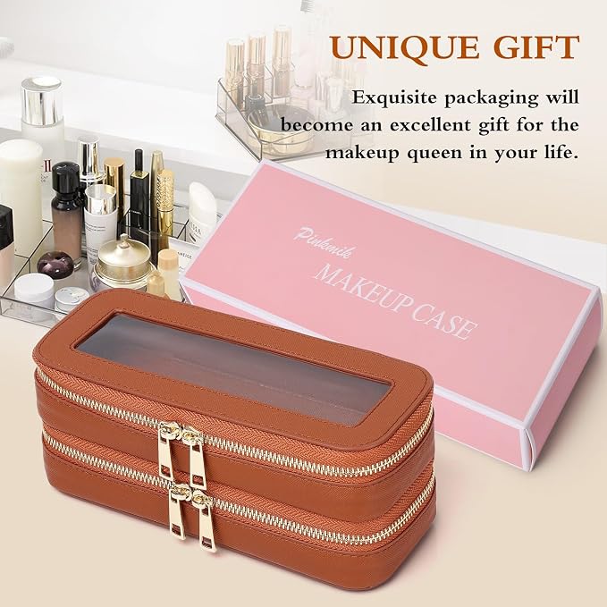 Pinkmik Double Layer Makeup Bag, Brown, Double SLIM | Makeup Brush Case, Waterproof, Travel Cosmetic & Toiletry Organizer, Car Essentials for Women - Image 7