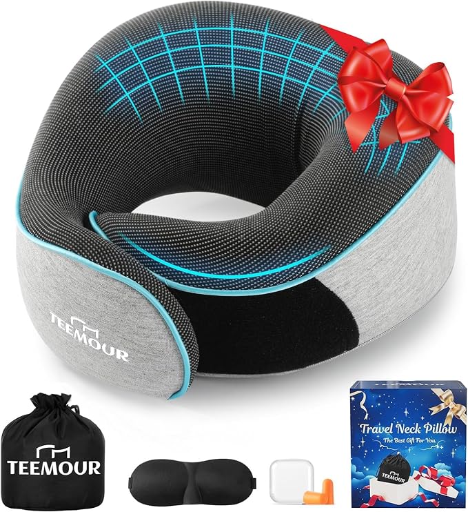 Travel Pillow-Neck Pillows for Airplanes, Memory Foam Travel Neck Pillow for Long Flights|Airport Travel Essentials 360° Support Gifts for Travellers With Eye Mask & Earplugs, Portable Carry Bag by Teemour