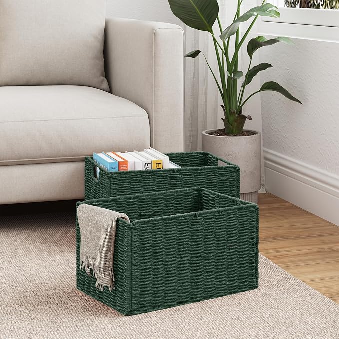 Large Wicker Storage Basket, Collapsible Baskets for Organizing | Set of 2 Hand-Woven Paper Rope Wicker Basket, 17"x 12" Closet Organizers and Storage with Handles Home Organization, Green - Image 7