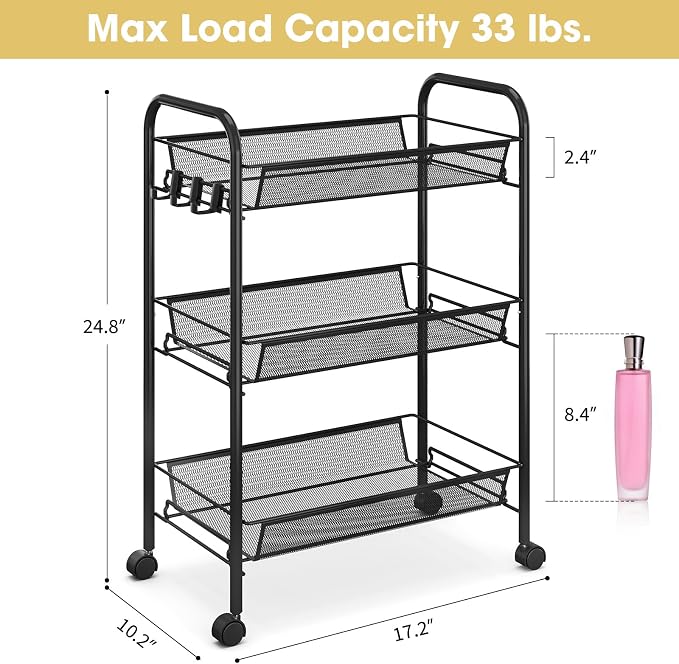 TOOLF 3 Tier Rolling Cart, Metal Utility Storage Cart with Wheels, Black | 3 Hooks, Screwless Assembly, Trolley Organizer for Bathroom, Kitchen, Office, Nursery, Dorm, Laundry Room - Image 6