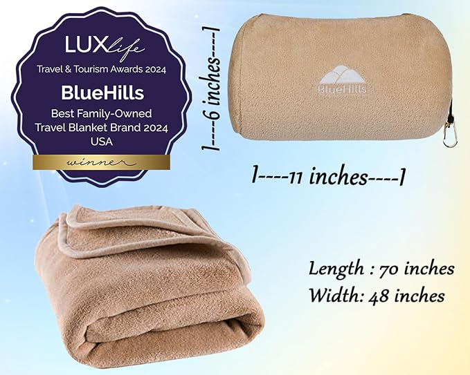 BlueHills Premium Soft Rolled Travel Blanket Pillow Combo Airplane - Beige | Must Have Travel Essentials, Airplane Accessories, 70 X48 Large Blanket, Matching Carry Case, Carabiner, Long Flight Comfort - Image 5