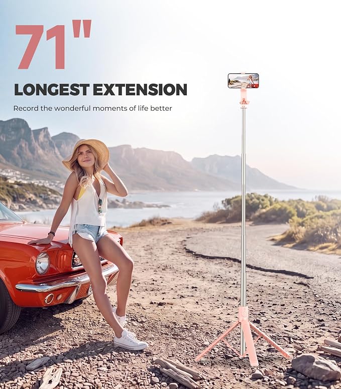Phone Tripod & Selfie Stick, 180cm Aluminum All in One Extendable Tripod for Smartphone-Pink - Image 3