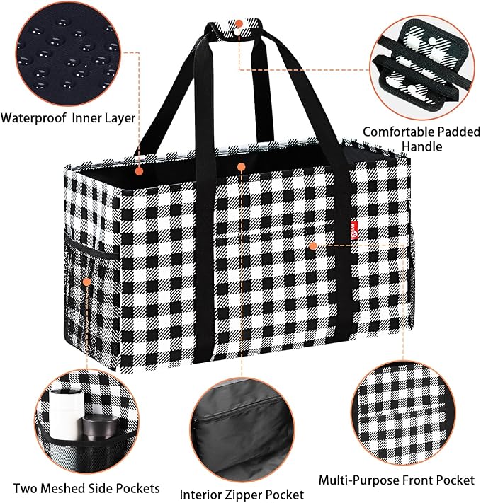 Extra Large Utility Tote Bag, Foldable Reusable Grocery Bags with Metal Wire Frame & Reinforced Bottom Board, Stand up Large Utility Tote for Groceries, Beach Bag, Laundry, Car (Cube Plaid) - Image 5