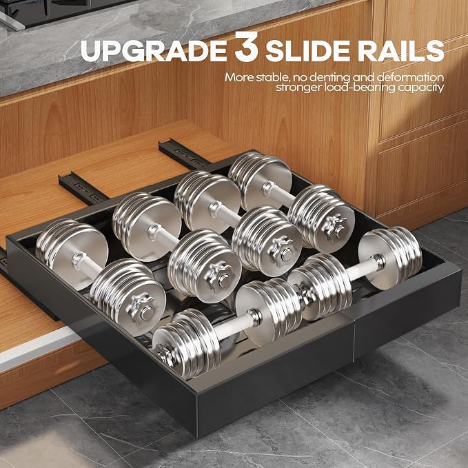 Seinloes 2Pack Expandable Pull Out Cabinet Organizer 21"Deep with Raising Pad for Framed Cabinets, Upgrade 3 Slide Rails Slide Out Drawers, Roll Out Shelves Adhesive,Adjustable Width 12.05"-20.4"Black - Image 5