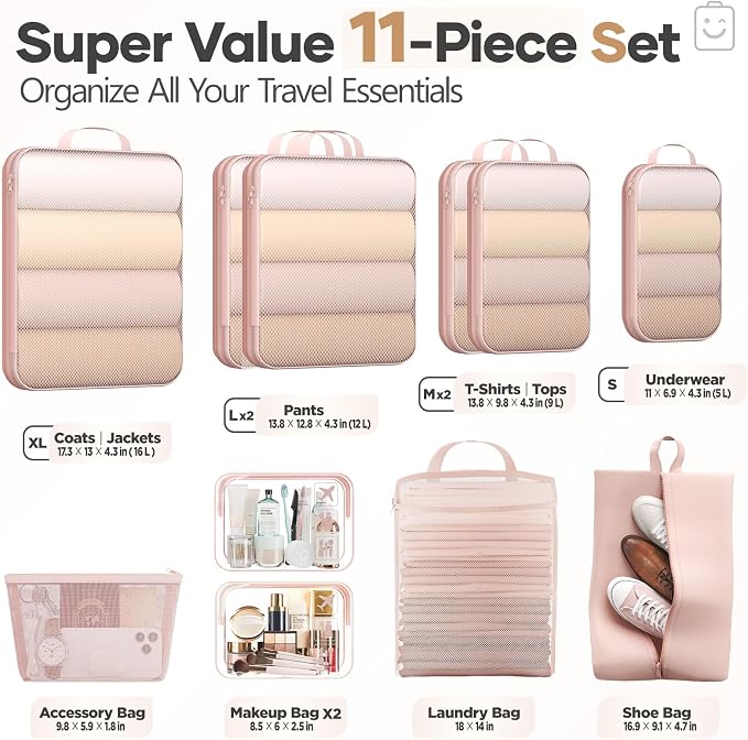 Veken 11 Set Compression Packing Cubes Garment Bags for Travel Essentials,Compressible Expandable Luggage Organizer Bags for Clothing,Space Saver Bags with Over 1000 pcs of Mesh Holes(Beige) - Image 2