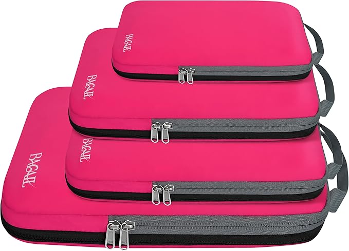 BAGAIL 4 Set/6 Set/8 Set Compression Packing Cubes Travel Accessories Expandable Packing Organizers (Cloth Pattern, 4-Fuchsia) by BAGAIL