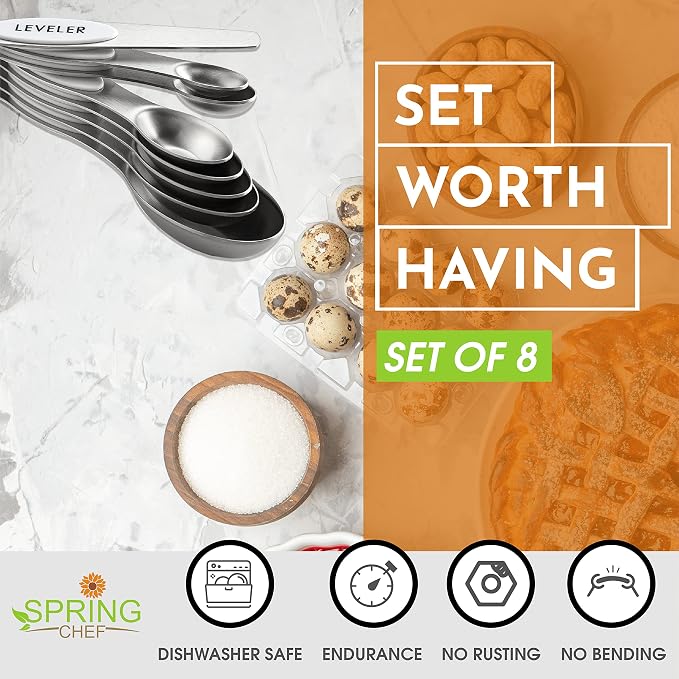 Spring Chef Stainless Steel 8 Magnetic Measuring Spoons for Kitchen, White | Dual Sided Metal Teaspoon & Tablespoon Measuring Spoons w/ Leveler for Dry & Liquid Ingredients, Nesting, Fits in Spice Jars - Image 3