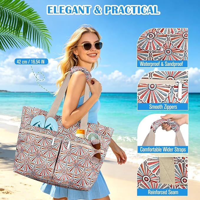 HUANLANG Large Beach Bags for Women Pool Bag with Zipper, Waterproof Sandproof Beach Tote Travel Bag with Wet Pocket - Image 4