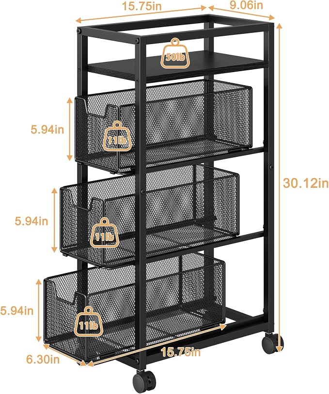 4 Tier Narrow Kitchen Rolling Cart, 9.1" Wide Slim Kitchen Storage Cart with Pull-Out Baskets, Adjust Pantry Organizer and Storage Cart with Wheels, Multifunctional Fruit Vegetable Spice Storage Cart - Image 8
