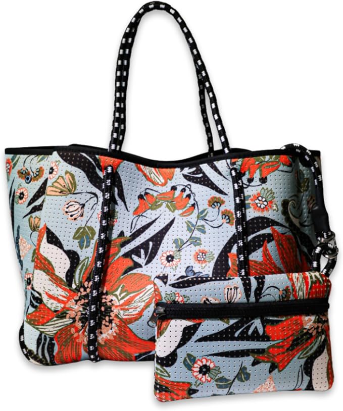 POPUPS Large Neoprene Tote Bag for Women - Everyday Designer Handbag for Travel Work and Beach with Pockets and Zipper Pouch by POPUPSBrand