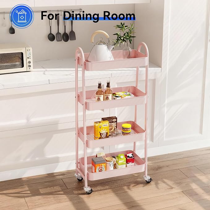 NEWBULIG 4-Shelf Metal Rolling Storage Utility Cart with Lockable Wheels | Mobile Organizer Shelf, Space-Saving, Freestanding, Bathroom, Living Room, Slim, Narrow Corner Spaces, Pink - Image 6