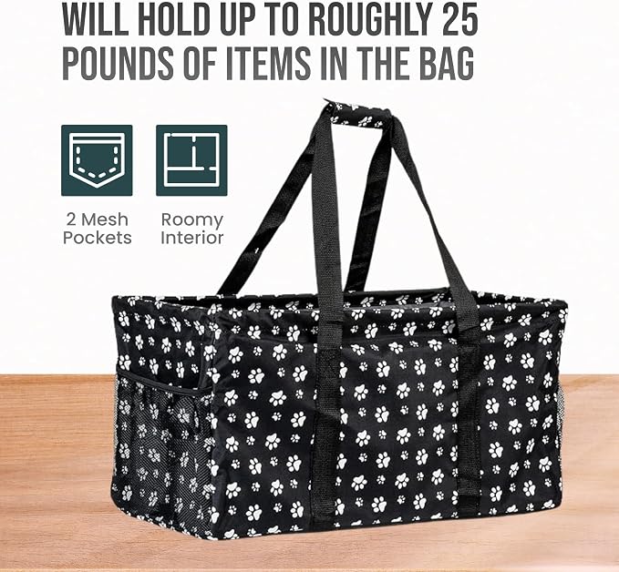 Extra Large Utility Tote Bag - Oversized Collapsible Reusable Wire Frame Rectangular Canvas Basket With Two Exterior Pockets For Beach, Pool, Laundry, Car Trunk, Storage - Dog Paw - Image 5