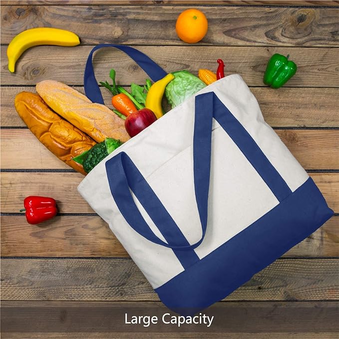 TOPDesign 30-Pack Canvas Tote Bags with an External Pocket, Reusable Grocery Shopping Bags, Top Zipper Closure, Daily Essentials (Blue/Natural) - Image 4