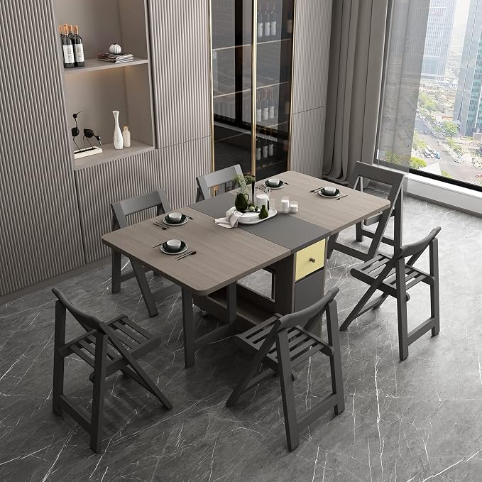 Drop Leaf Folding Dining Table with Storage, 2 Drawers, Grey | 3 Foldable Forms, Space Saving, Movable on Casters, for Kitchen Dining Living Room, Extendable, Versatile - Image 10