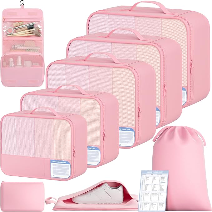 BAGAIL 9 Set Packing Cubes with Packing List Luggage Packing Organizers for Travel Accessories (Pink) by BAGAIL