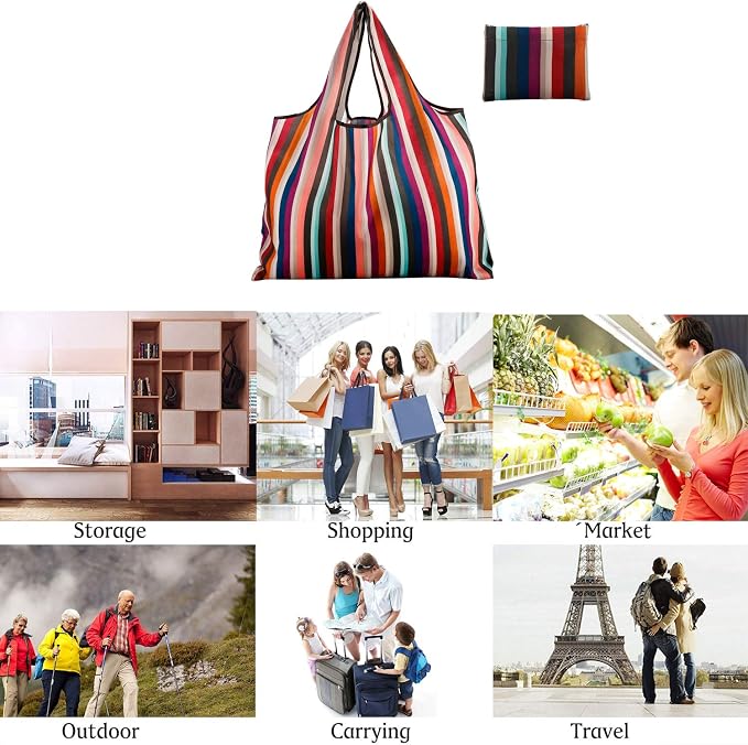 Reusable Grocery Bag 2 Packs Large Washable | Foldable Eco Friendly Nylon Heavy Duty Fits in Pocket Shopping Tote Bag (New Rainbow) - Image 6