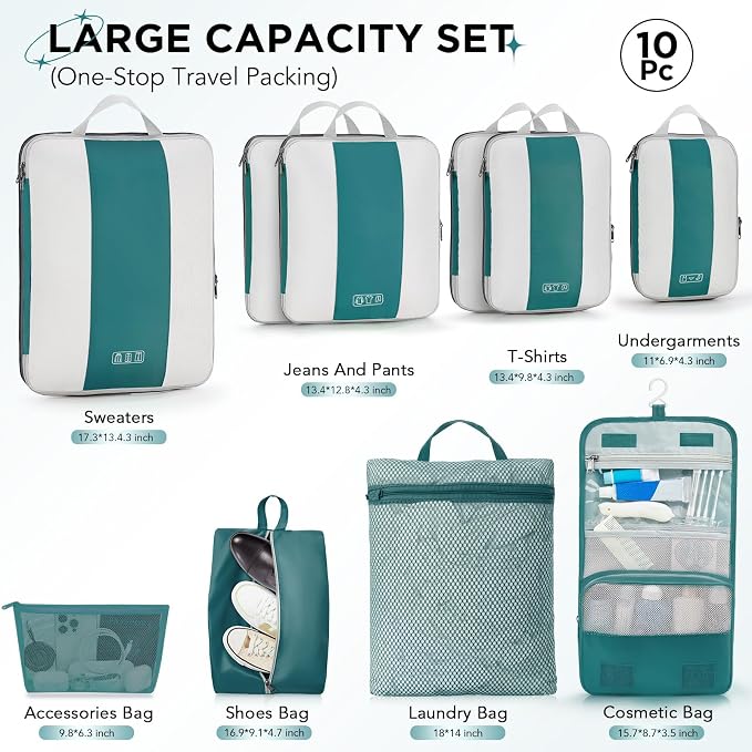 OlarHike 10 Set Compression Packing Cubes for Travel Essentials,Compressible Expandable Space Saver Bags for Organizing Clothes,Luggage Garment Bags with Over 1000 pcs Mesh Holes(Dark Blue Green) - Image 2