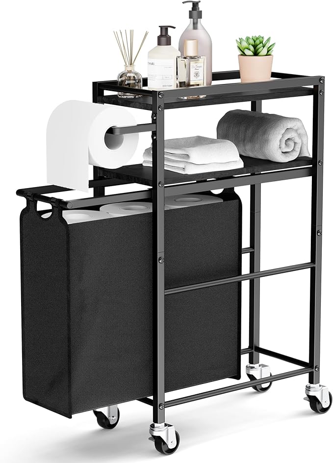 Toilet Paper Holder with Storage Bag & Wheels - Freestanding Bathroom Organizer Holds 9 Rolls for Small Spaces, Essentials Storage Beside Toilet-Black by OrganizedStorageSimpleLife