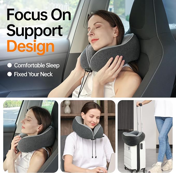 Travel Pillows for Airplanes,100% Pure Memory Foam Travel Neck Pillow | Washable Cotton Cover,Comes with 3D Eye Mask,Earplugs,Storage Bag,Ideal Travel Gift,Relieve Neck Pressure,Light Grey - Image 3